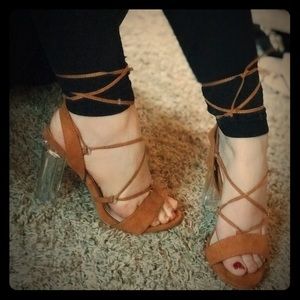 Clear Chunk, Camel Open-Toe Heels